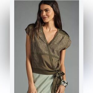Anthropologie Tiny Petites Ophelia Olive Green Embroidered Eyelet Wrap Top SP